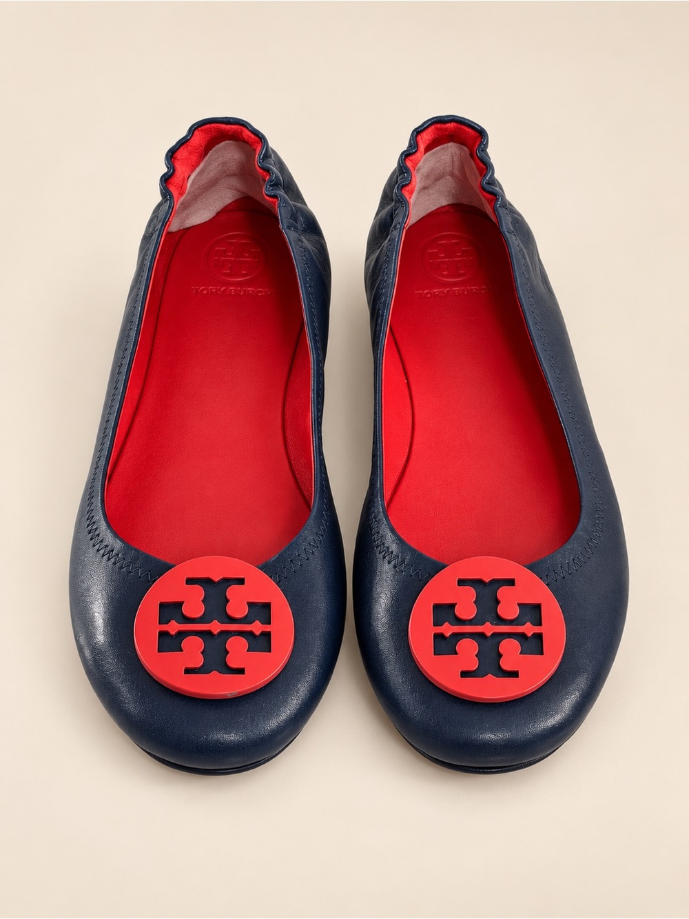Tory Burch Minnie Travel Ballet Flats Navy Red Leather